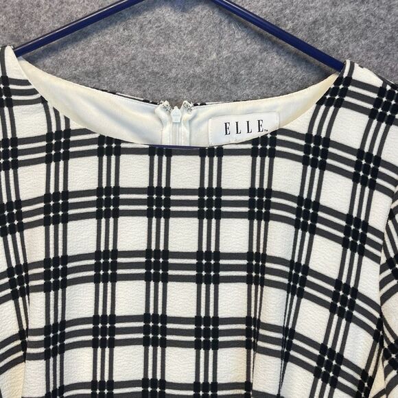 ELLE Black White Plaid Fit & Flare Dress Handkerchief Hem Size Large Zipper EUC - Picture 3 of 15